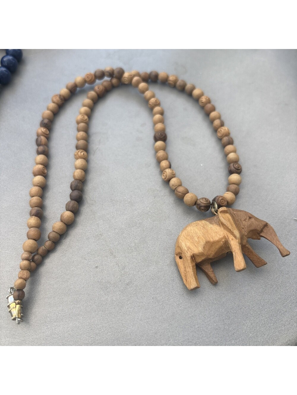 Vintage Handcrafted Wood Beaded Necklace With Elephant Pendant & Barrel Clasp